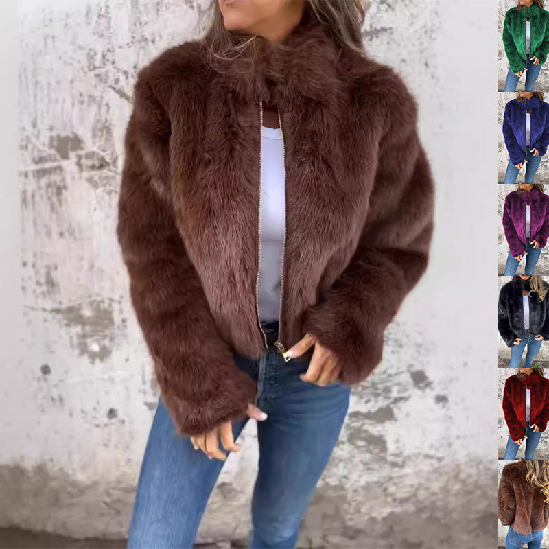 Veste en peluche col montant pour femmes, hiver casual