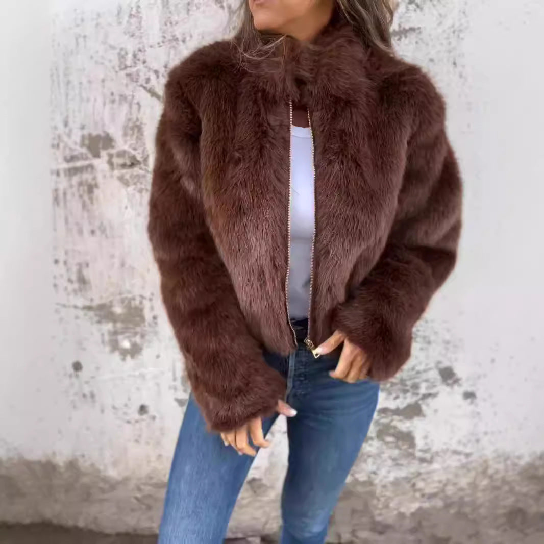 Veste en peluche col montant pour femmes, hiver casual